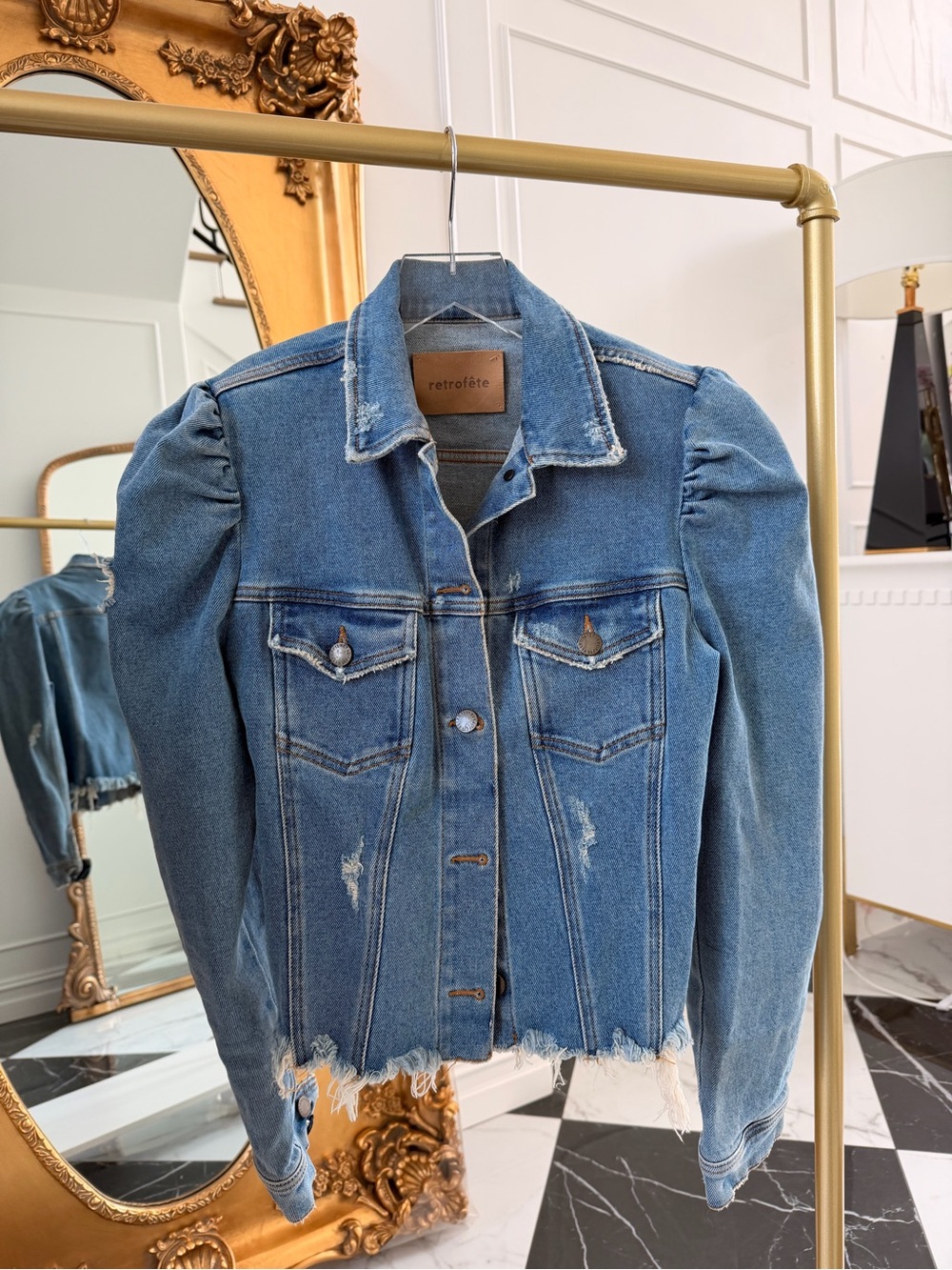 Retrofête Light Blue Denim Jacket with Leather Brand Patch